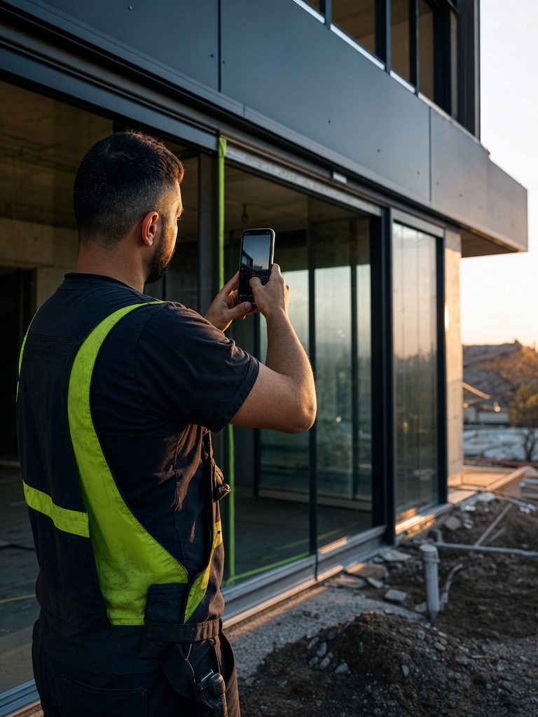 Handwerker dokumentiert ein Aufmaß mit dem Smartphone an einer Baustelle